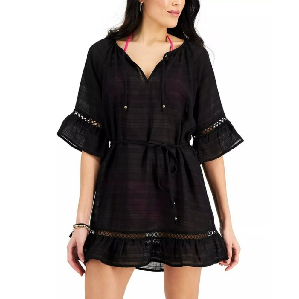 Miken Black Ruffle Swim Cover-up Dress, L
